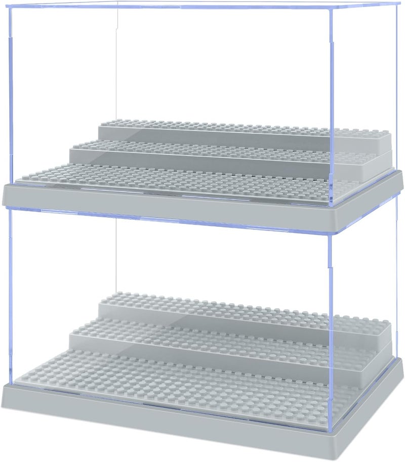 Pokiiulk 2 Pack Display Case for Minifigure Action Figures Blocks, Acrylic Minifigure Display Case Box Storage with 3 Movable Steps Gift for Kids Adults (Grey) - Image 1